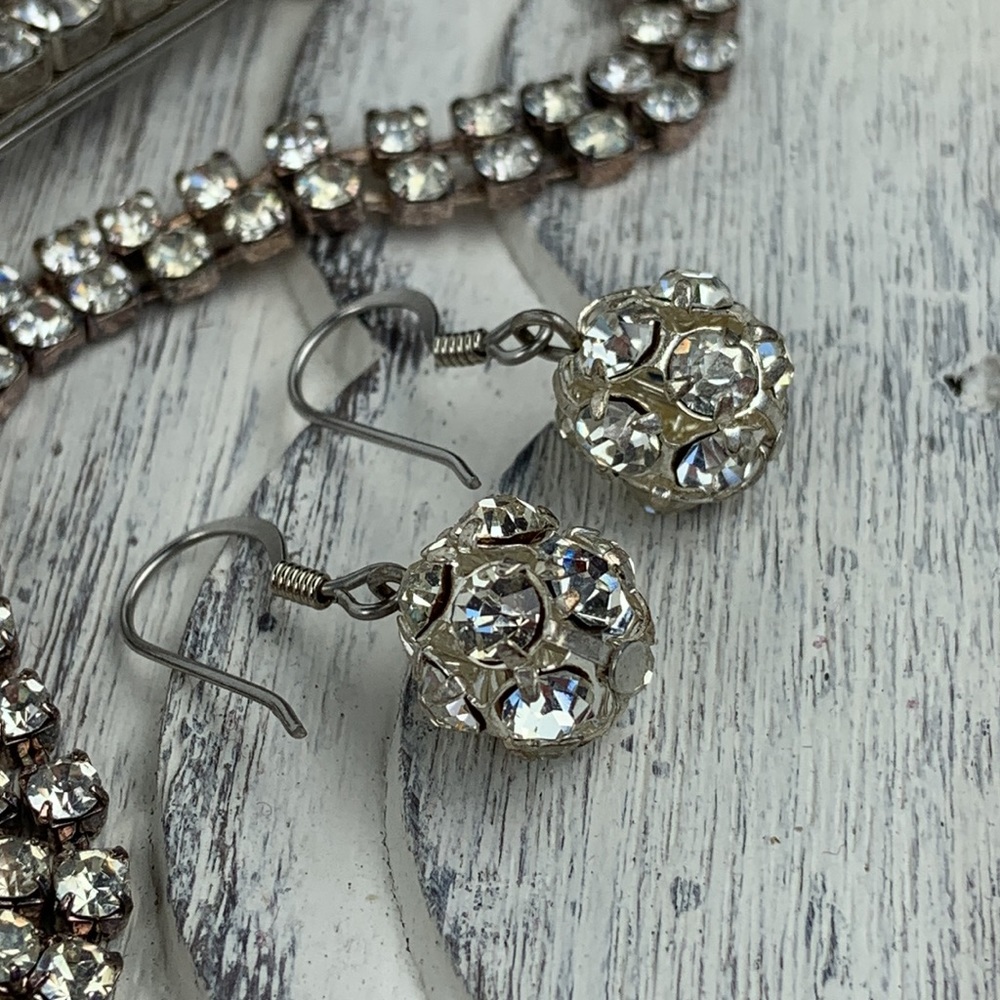 Vintage 90s Rhinestone Disco Ball Earrings Hair Barrette Clip Bracelet Party Set - Picture 3 of 5